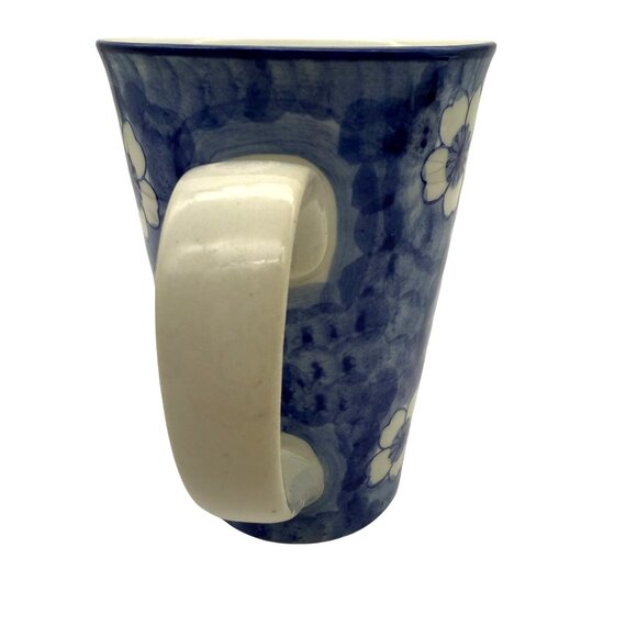 Artisan Handmade Stoneware Blue Floral Pattern Coffee Mug Tall 14 oz - Picture 2 of 9